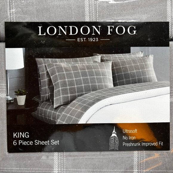 6-pc London Fog KING SIZE Sheet Set - GREY Plaid - 2 EXTRA PILLOWCASES - Picture 4 of 5